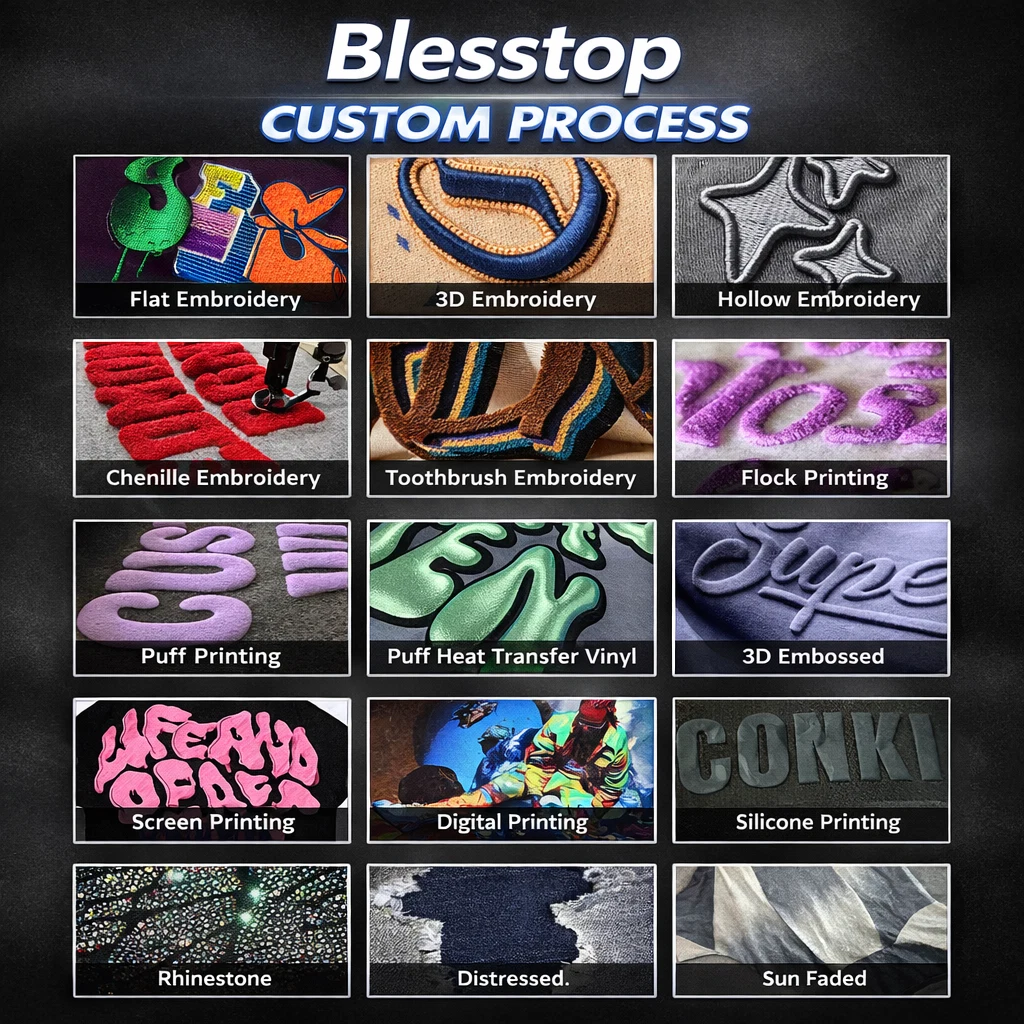 Blesstop embroidery, printing and finishing technique samples