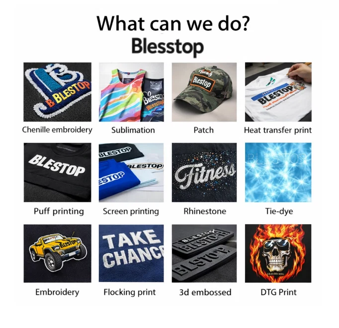 Examples of chenille embroidery, sublimation, patches, printing, rhinestones and tie-dye