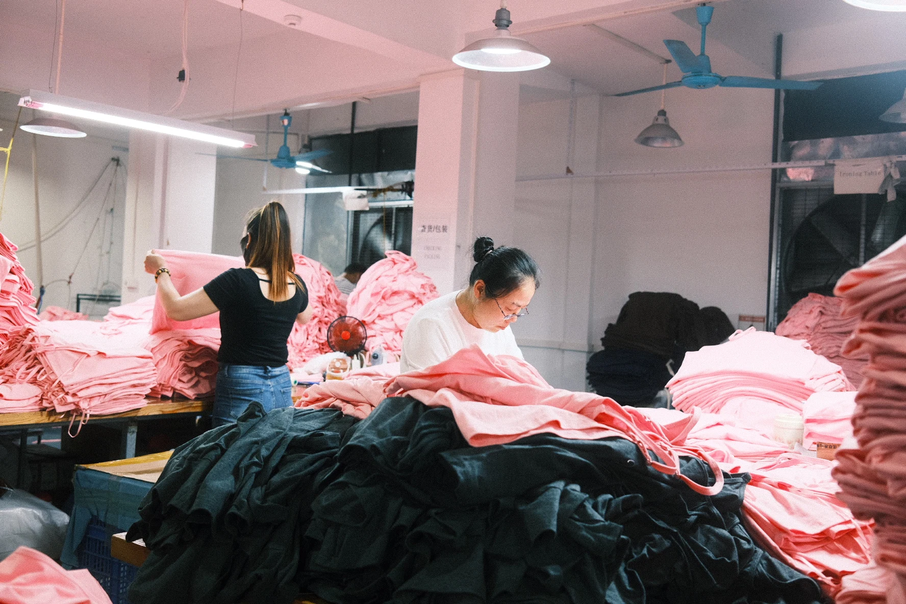 Blesstop team coordinating fabric on the cutting table